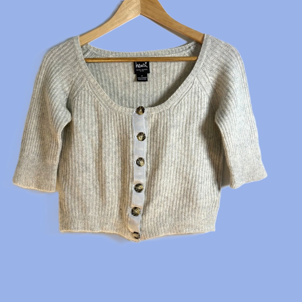 Henri Bendel 100% Cashmere Crop Cardigan Heathered Gray Button Sweater M *Notes*